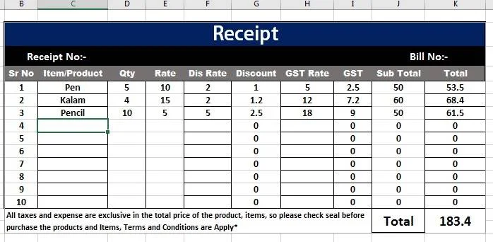 MS Excel Bill Receipt Project-7 1 Excel Bill Receipt Projects