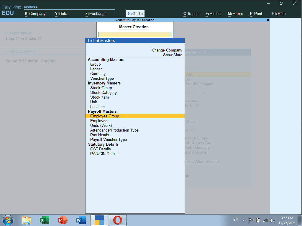 Payroll Creation in TallyPRIME 11 PayRoll Creation in TallyPRIME