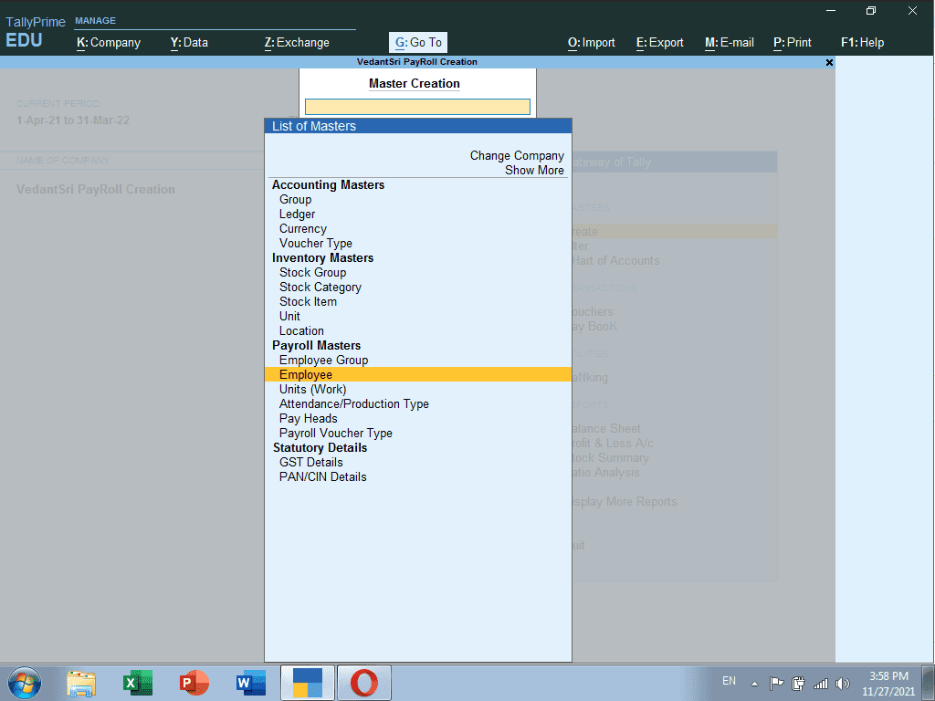 Payroll Creation in TallyPRIME 13 PayRoll Creation in TallyPRIME